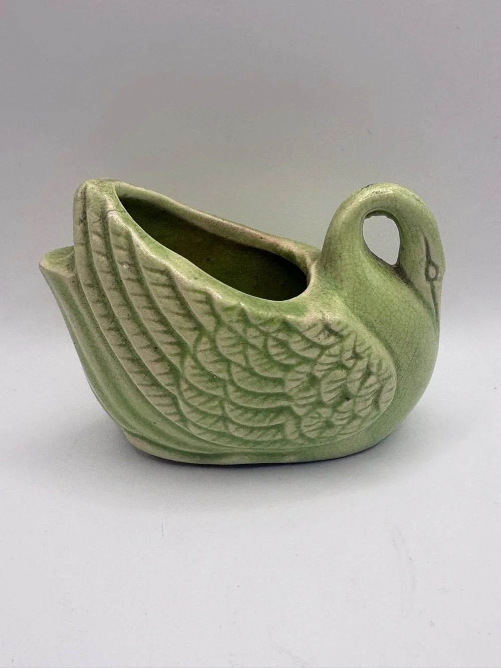 Vintage Green Ceramic Swan Planter Mid Century Crackle Glaze Bird Pottery 4.25”